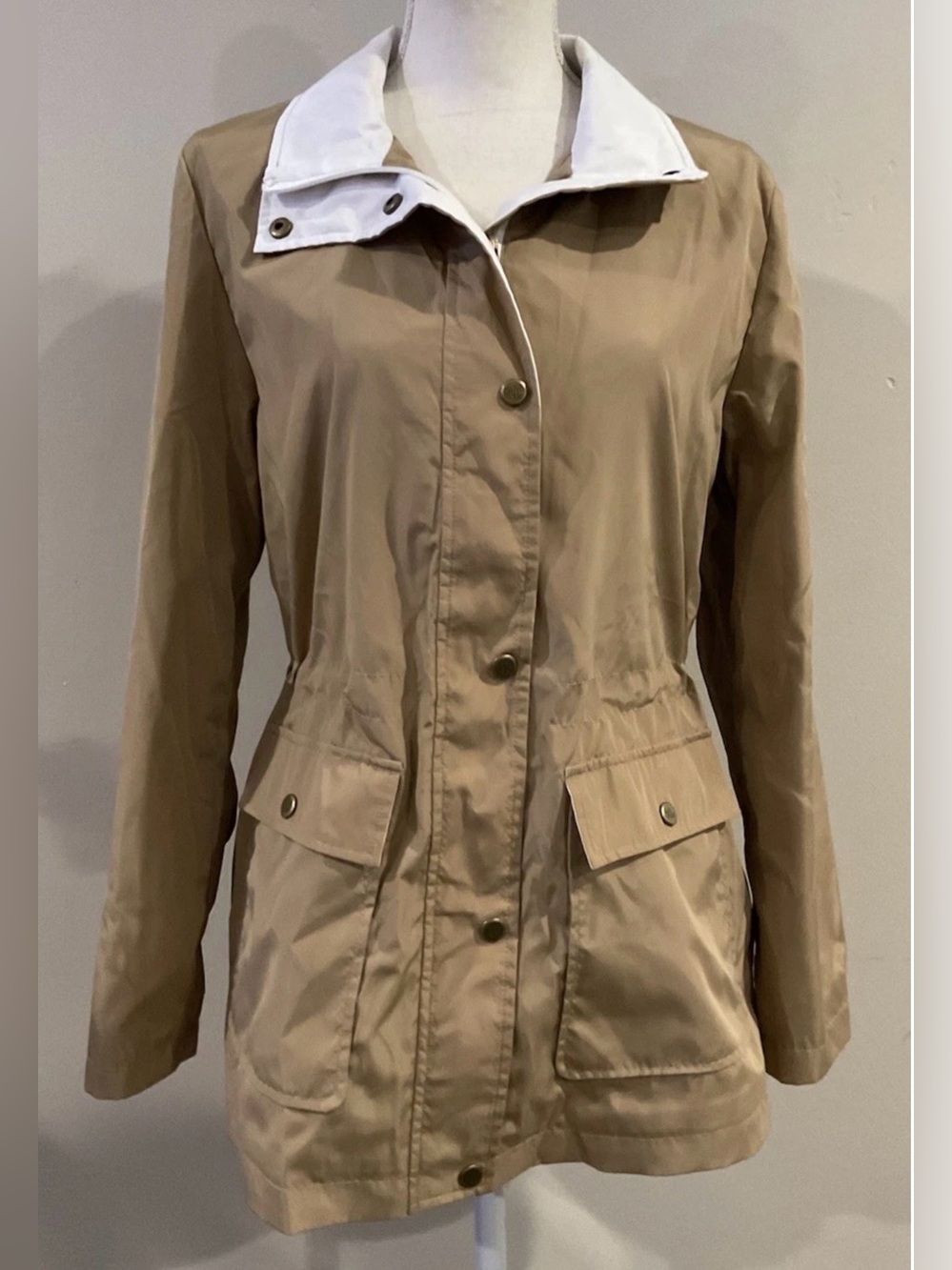 Lauren Ralph Lauren Women’s Hooded Contrast Trim Windbreaker Tan Beige Sz S NWT